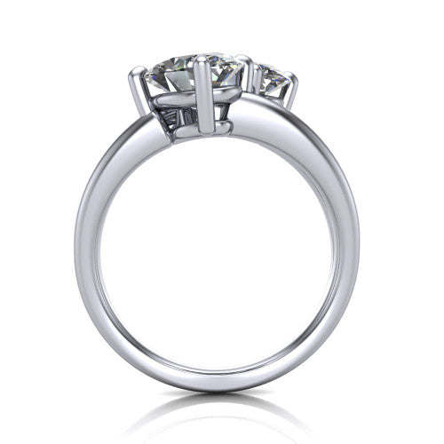 Michelle oval three stone engagement ring in 14K White Gold, through-finger front profile showing the two-stone head raised above the open split band