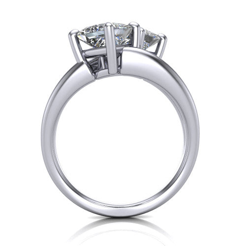 Michelle princess three stone engagement ring in 14K White Gold, through-finger front profile showing the two-stone head raised above the open split band