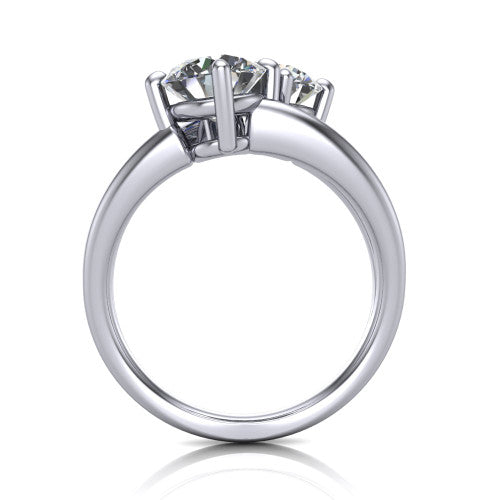 Michelle round three stone engagement ring in 18K White Gold, through-finger front profile showing the two-stone head raised above the open split band