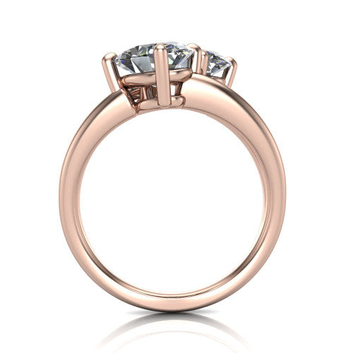 Michelle oval three stone engagement ring in 18K Rose Gold, through-finger front profile showing the two-stone head raised above the open split band