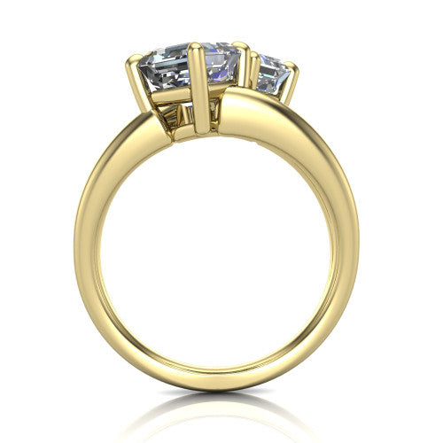 Michelle asscher three stone engagement ring in 18K Yellow Gold, through-finger front profile showing the two-stone head raised above the open split band