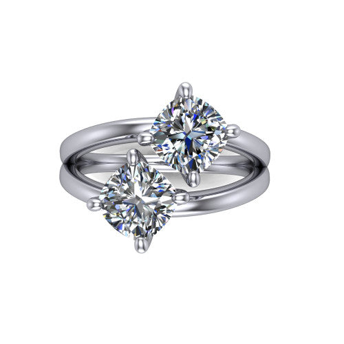 Michelle cushion three stone engagement ring in 14K White Gold, top-down view showing the two diamonds in a toi et moi arrangement where the split shank rails meet the head