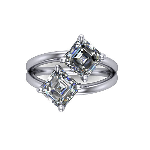 Michelle asscher three stone engagement ring in Platinum, top-down view showing the two diamonds in a toi et moi arrangement where the split shank rails meet the head