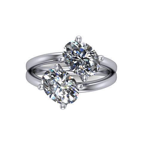Michelle oval three stone engagement ring in 18K White Gold, top-down view showing the two diamonds in a toi et moi arrangement where the split shank rails meet the head