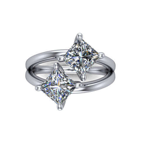 Michelle princess three stone engagement ring in 18K White Gold, top-down view showing the two diamonds in a toi et moi arrangement where the split shank rails meet the head