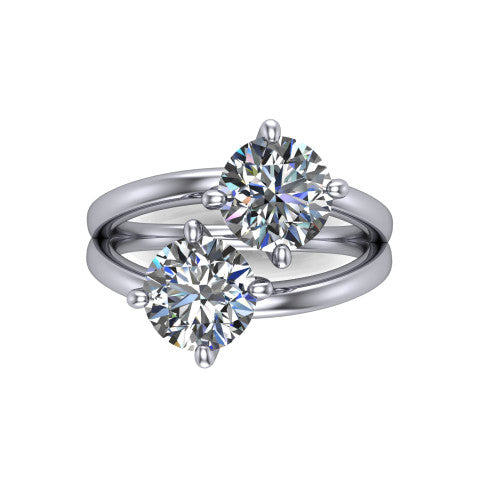 Michelle round three stone engagement ring in 18K White Gold, top-down view showing the two diamonds in a toi et moi arrangement where the split shank rails meet the head