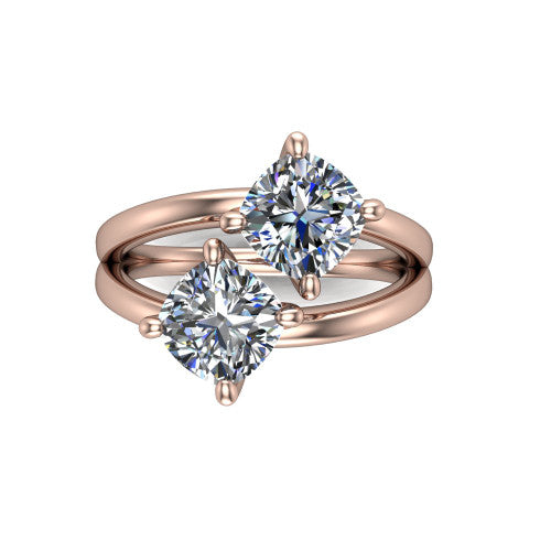 Michelle cushion three stone engagement ring in 18K Rose Gold, top-down view showing the two diamonds in a toi et moi arrangement where the split shank rails meet the head