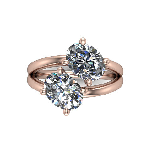Michelle oval three stone engagement ring in 18K Rose Gold, top-down view showing the two diamonds in a toi et moi arrangement where the split shank rails meet the head