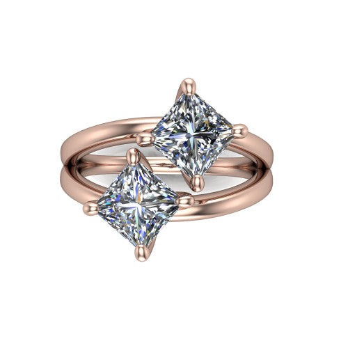 Michelle princess three stone engagement ring in 18K Rose Gold, top-down view showing the two diamonds in a toi et moi arrangement where the split shank rails meet the head