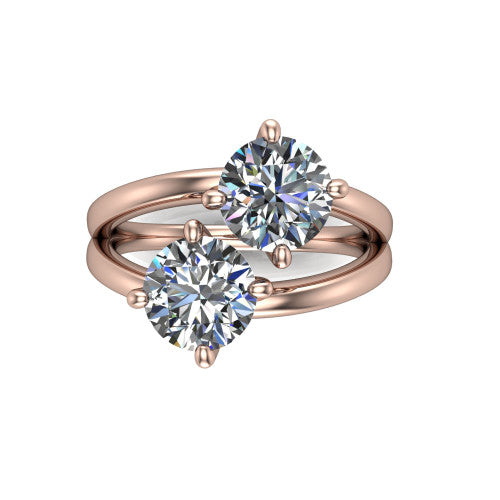 Michelle round three stone engagement ring in 14K Rose Gold, top-down view showing the two diamonds in a toi et moi arrangement where the split shank rails meet the head