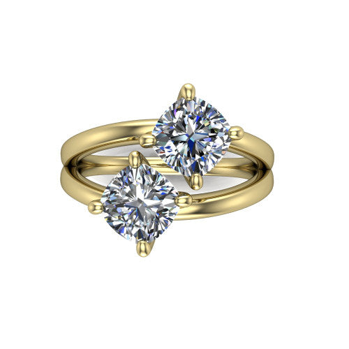 Michelle cushion three stone engagement ring in 18K Yellow Gold, through-finger front profile showing the two-stone head raised above the open split band