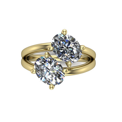 Michelle oval three stone engagement ring in 18K Yellow Gold, top-down view showing the two diamonds in a toi et moi arrangement where the split shank rails meet the head