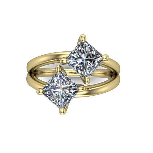 Michelle princess three stone engagement ring in 18K Yellow Gold, top-down view showing the two diamonds in a toi et moi arrangement where the split shank rails meet the head