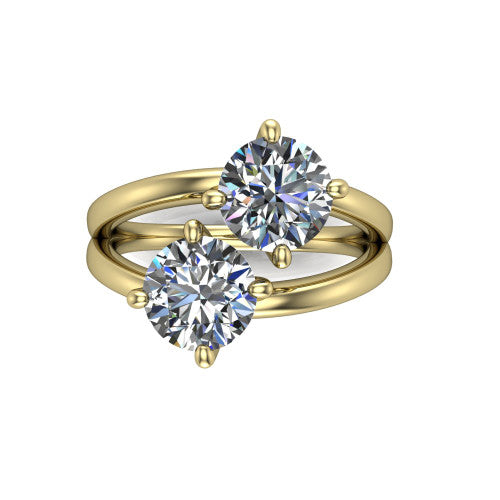 Michelle round three stone engagement ring in 18K Yellow Gold, top-down view showing the two diamonds in a toi et moi arrangement where the split shank rails meet the head