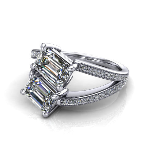 Malani emerald three stone engagement ring in 18K White Gold, three-quarter perspective showing two diamonds set corner to corner above a pav&eacute; split shank