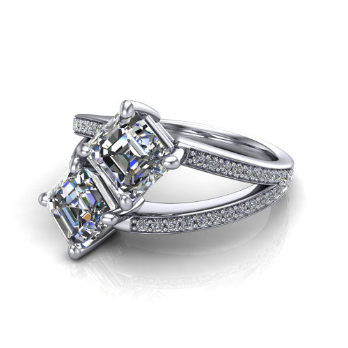 Malani asscher three stone engagement ring in 18K White Gold, three-quarter perspective showing two diamonds set corner to corner above a pav&eacute; split shank
