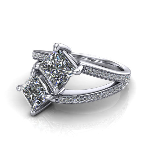 Malani princess three stone engagement ring in 18K White Gold, three-quarter perspective showing two diamonds set corner to corner above a pav&eacute; split shank