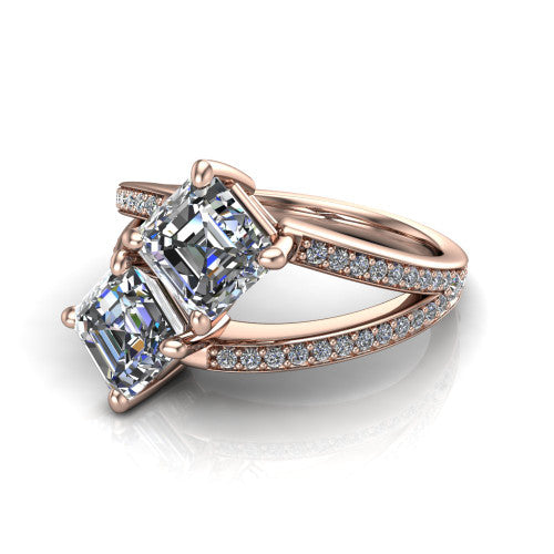 Malani asscher three stone engagement ring in 14K Rose Gold, three-quarter perspective showing two diamonds set corner to corner above a pav&eacute; split shank