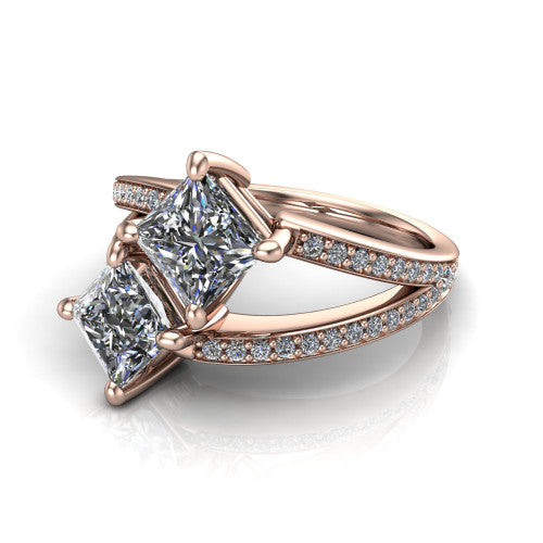 Malani princess three stone engagement ring in 14K Rose Gold, three-quarter perspective showing two diamonds set corner to corner above a pav&eacute; split shank