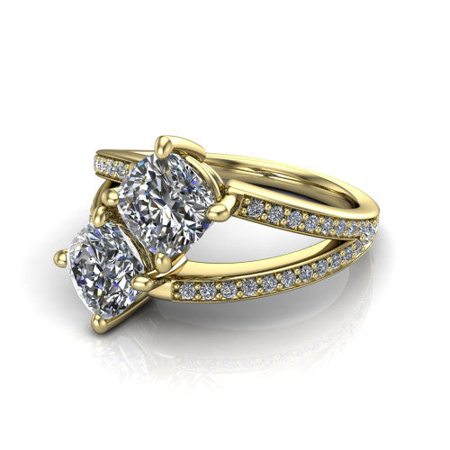 Malani cushion three stone engagement ring in 18K Yellow Gold, three-quarter perspective showing two diamonds set corner to corner above a pav&eacute; split shank