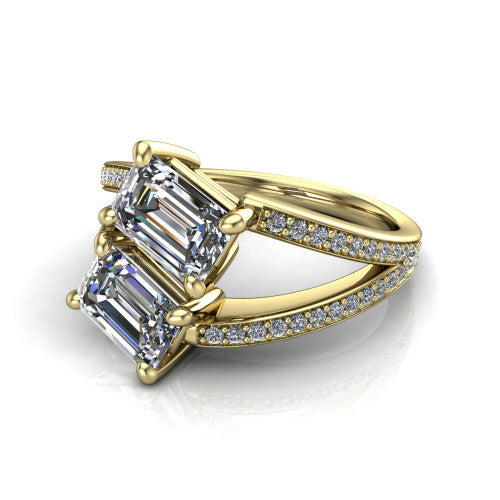 Malani emerald three stone engagement ring in 14K Yellow Gold, three-quarter perspective showing two diamonds set corner to corner above a pav&eacute; split shank