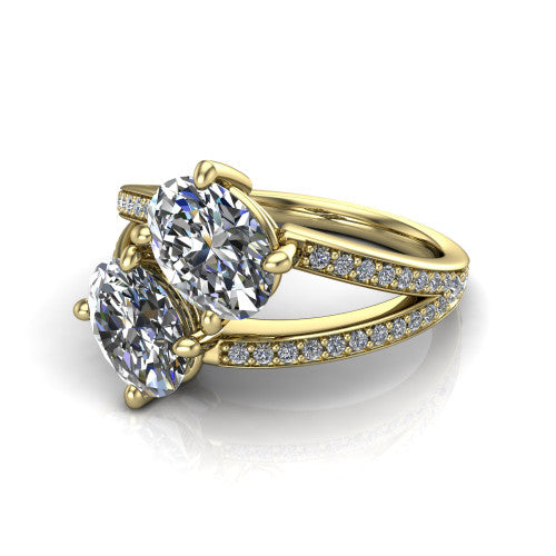 Malani oval three stone engagement ring in 14K Yellow Gold, three-quarter perspective showing two diamonds set corner to corner above a pav&eacute; split shank
