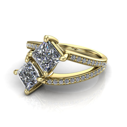 Malani princess three stone engagement ring in 14K Yellow Gold, three-quarter perspective showing two diamonds set corner to corner above a pav&eacute; split shank