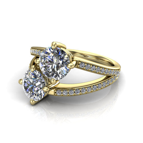 Malani round three stone engagement ring in 18K Yellow Gold, three-quarter perspective showing two diamonds set corner to corner above a pav&eacute; split shank