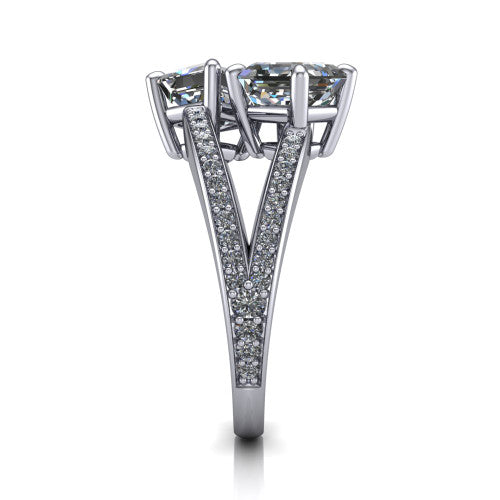Malani asscher three stone engagement ring in Platinum, side profile showing the split shank dividing into two pav&eacute; rows beneath the two-stone head