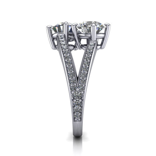 Malani round three stone engagement ring in 14K White Gold, side profile showing the split shank dividing into two pav&eacute; rows beneath the two-stone head