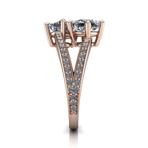 Malani cushion three stone engagement ring in 14K Rose Gold, side profile showing the split shank dividing into two pav&eacute; rows beneath the two-stone head