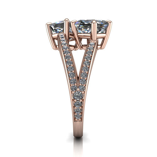 Malani asscher three stone engagement ring in 18K Rose Gold, side profile showing the split shank dividing into two pav&eacute; rows beneath the two-stone head