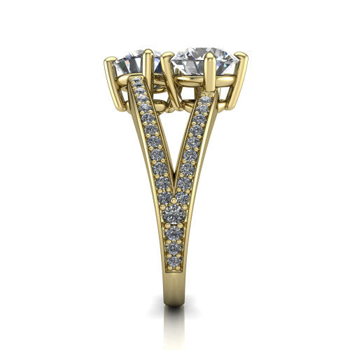 Malani round three stone engagement ring in 18K Yellow Gold, side profile showing the split shank dividing into two pav&eacute; rows beneath the two-stone head
