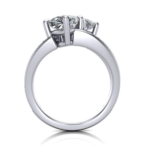 Malani cushion three stone engagement ring in 14K White Gold, through-finger front profile showing the two-stone head raised above the pav&eacute; split band