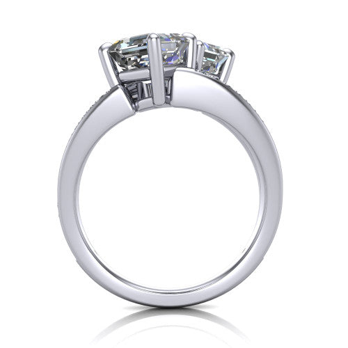 Malani asscher three stone engagement ring in 14K White Gold, through-finger front profile showing the two-stone head raised above the pav&eacute; split band