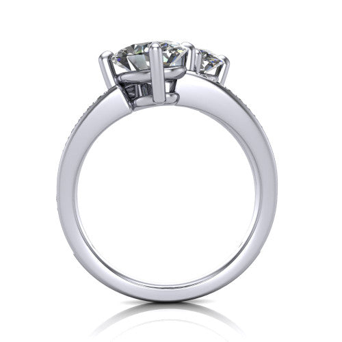 Malani oval three stone engagement ring in 14K White Gold, through-finger front profile showing the two-stone head raised above the pav&eacute; split band