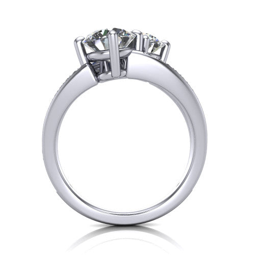 Malani round three stone engagement ring in Platinum, top-down view showing the two diamonds in a toi et moi arrangement where the split shank meets the head