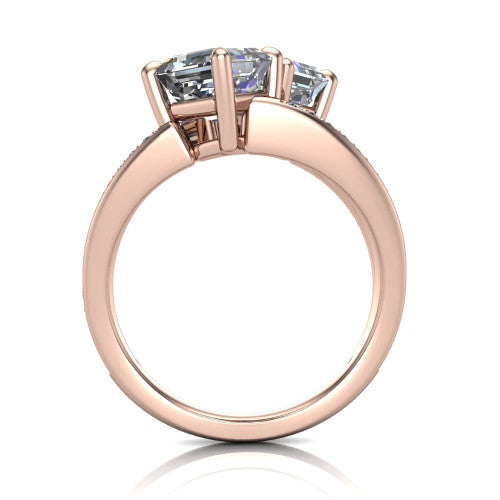 Malani asscher three stone engagement ring in 18K Rose Gold, through-finger front profile showing the two-stone head raised above the pav&eacute; split band