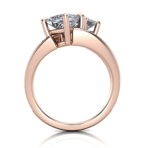Malani princess three stone engagement ring in 14K Rose Gold, through-finger front profile showing the two-stone head raised above the pav&eacute; split band