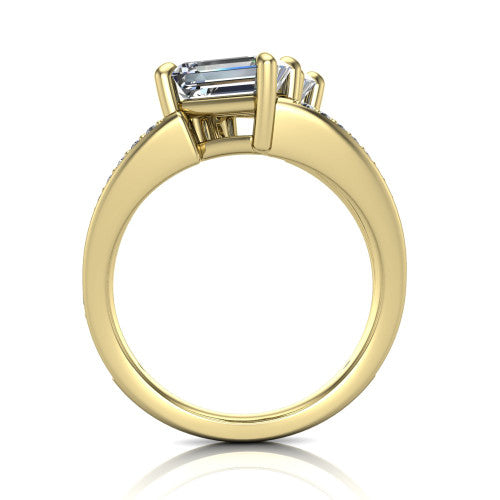 Malani emerald three stone engagement ring in 14K Yellow Gold, through-finger front profile showing the two-stone head raised above the pav&eacute; split band