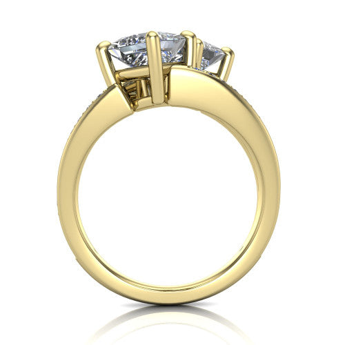 Malani princess three stone engagement ring in 18K Yellow Gold, through-finger front profile showing the two-stone head raised above the pav&eacute; split band