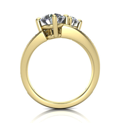 Malani round three stone engagement ring in 14K Yellow Gold, through-finger front profile showing the two-stone head raised above the pav&eacute; split band