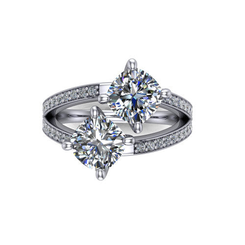 Malani cushion three stone engagement ring in Platinum, top-down view showing the two diamonds in a toi et moi arrangement where the split shank meets the head