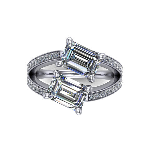 Malani emerald three stone engagement ring in 14K White Gold, top-down view showing the two diamonds in a toi et moi arrangement where the split shank meets the head