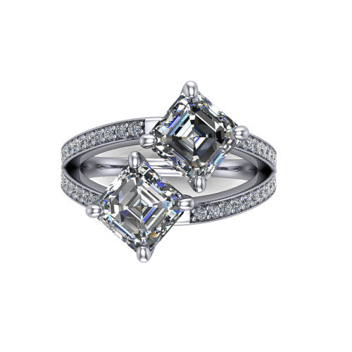 Malani asscher three stone engagement ring in 18K White Gold, top-down view showing the two diamonds in a toi et moi arrangement where the split shank meets the head
