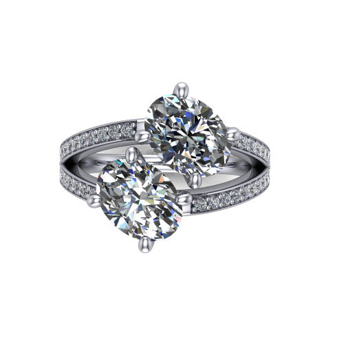 Malani oval three stone engagement ring in 18K White Gold, top-down view showing the two diamonds in a toi et moi arrangement where the split shank meets the head