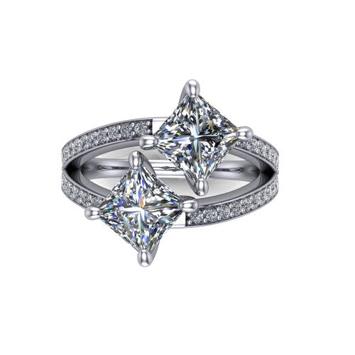 Malani princess three stone engagement ring in Platinum, top-down view showing the two diamonds in a toi et moi arrangement where the split shank meets the head