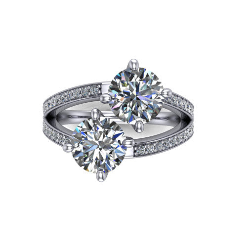 Malani round three stone engagement ring in 18K White Gold, through-finger front profile showing the two-stone head raised above the pav&eacute; split band