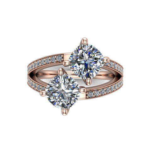 Malani cushion three stone engagement ring in 14K Rose Gold, top-down view showing the two diamonds in a toi et moi arrangement where the split shank meets the head