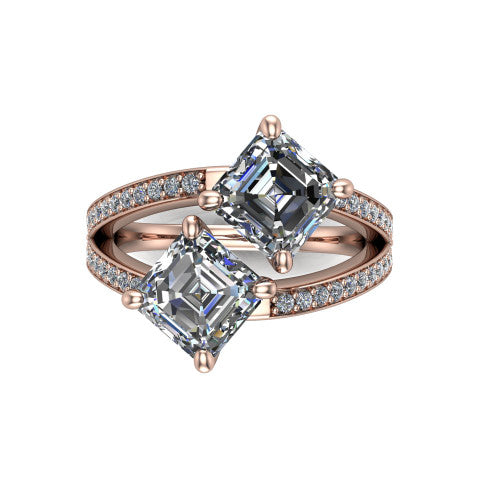 Malani asscher three stone engagement ring in 14K Rose Gold, top-down view showing the two diamonds in a toi et moi arrangement where the split shank meets the head